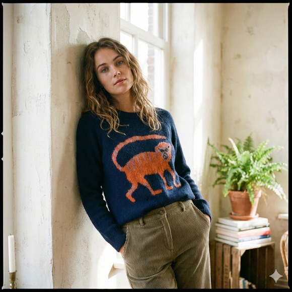 FABIENNE CHAPOT Sweaters - Fabienne Chapot Monkey Graphic Sweater Women Small Navy Blue Wool Cashmere Blend